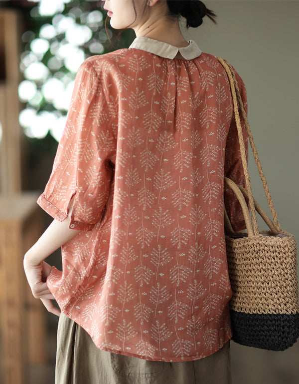 Casual Loose Fit Leaf Print Button-Up Linen Blouse