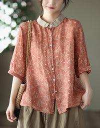 Casual Loose Fit Leaf Print Button-Up Linen Blouse