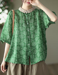Casual Loose Fit Leaf Print Button-Up Linen Blouse