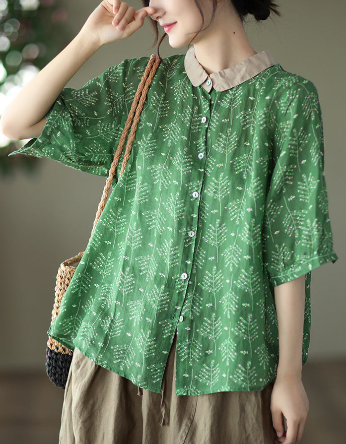 Casual Loose Fit Leaf Print Button-Up Linen Blouse