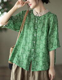 Casual Loose Fit Leaf Print Button-Up Linen Blouse