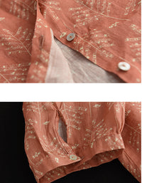 Casual Loose Fit Leaf Print Button-Up Linen Blouse