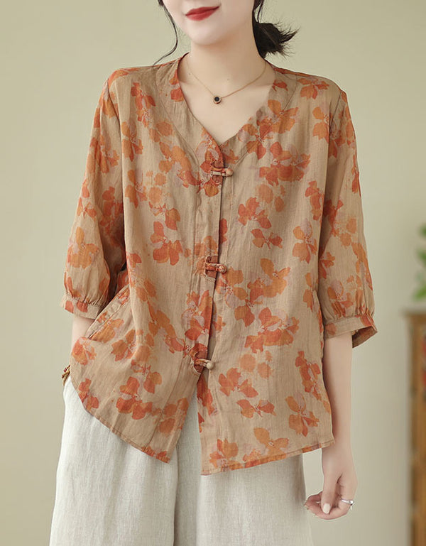Casual Loose Fit V-Neck Floral Cotton Linen Shirt