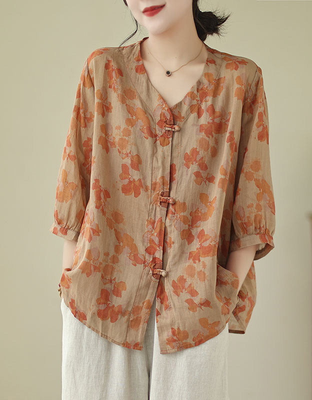 Casual Loose Fit V-Neck Floral Cotton Linen Shirt