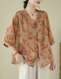 Casual Loose Fit V-Neck Floral Cotton Linen Shirt