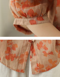 Casual Loose Fit V-Neck Floral Cotton Linen Shirt