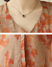 Casual Loose Fit V-Neck Floral Cotton Linen Shirt