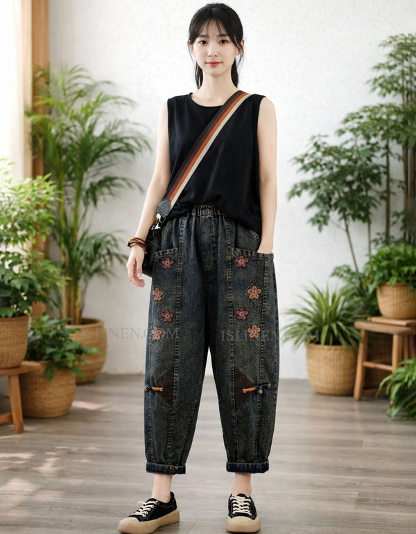 Floral embroidered denim pants with drawstring waist for women