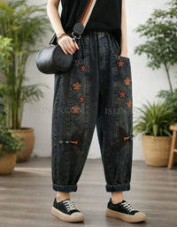 Casual loose fit denim jogger pants for women with flower details