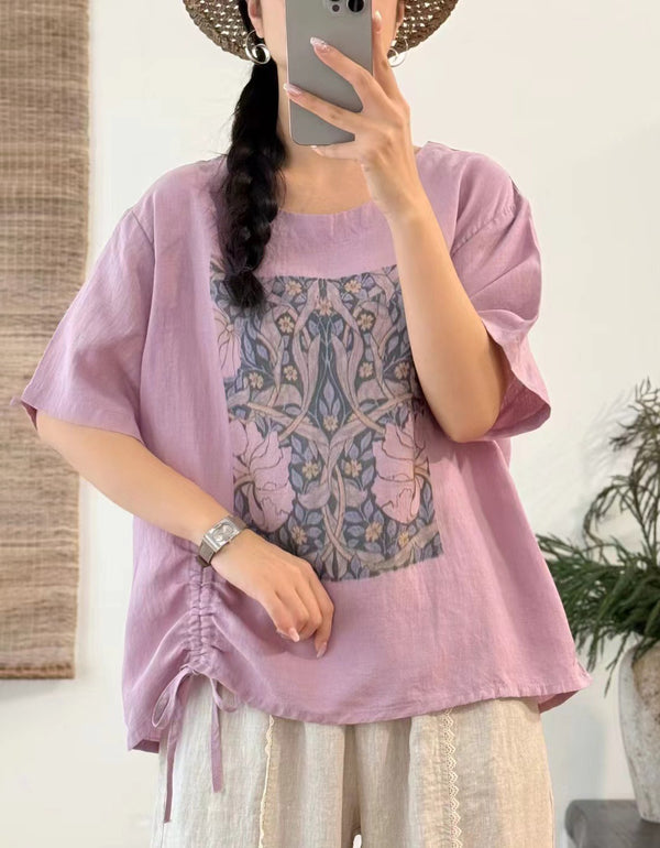 Casual Loose Floral Print Linen T-Shirt