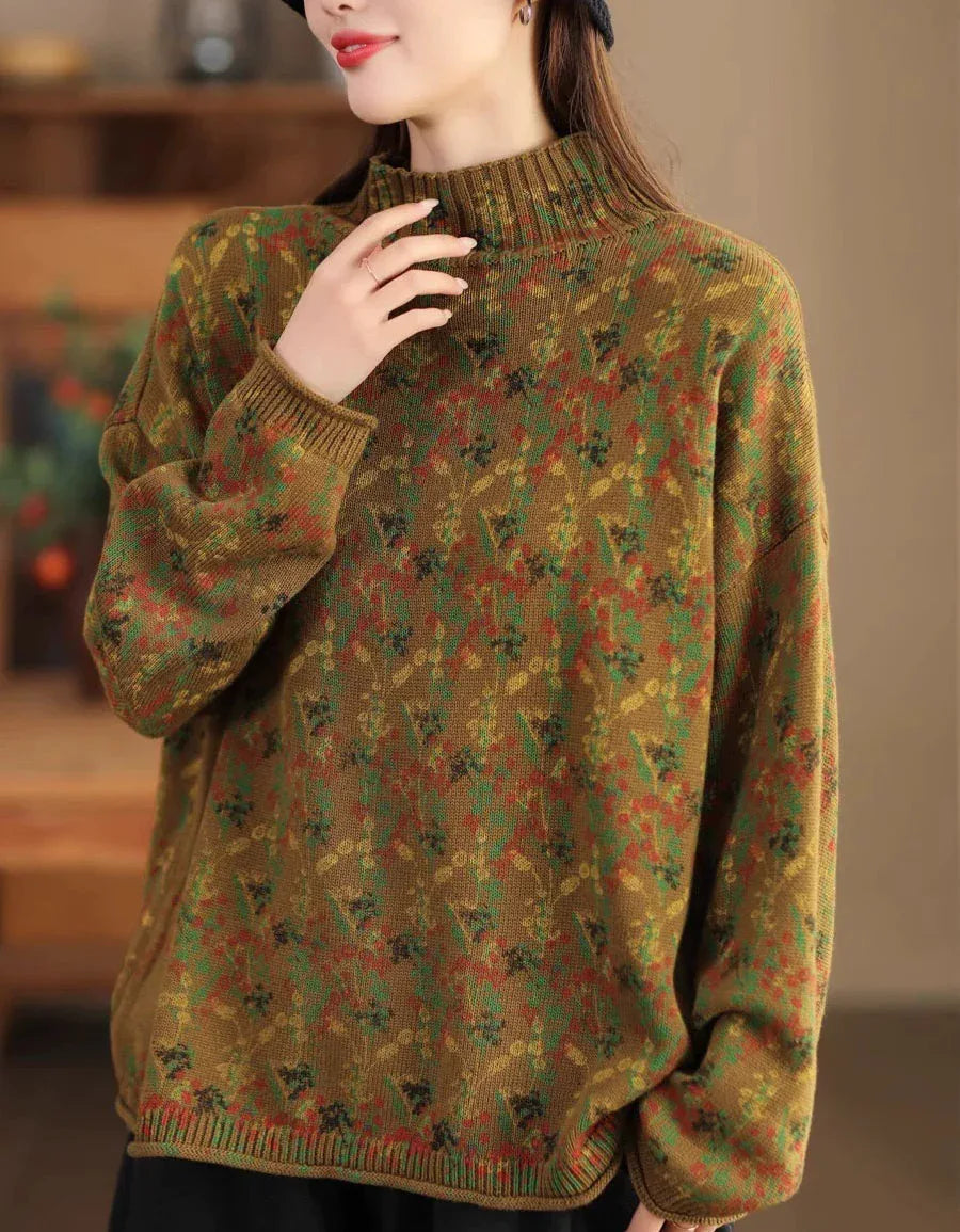 Casual Loose Floral Turtle Neck Knit Sweater - Islinen