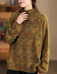 Casual Loose Floral Turtle Neck Knit Sweater - Islinen