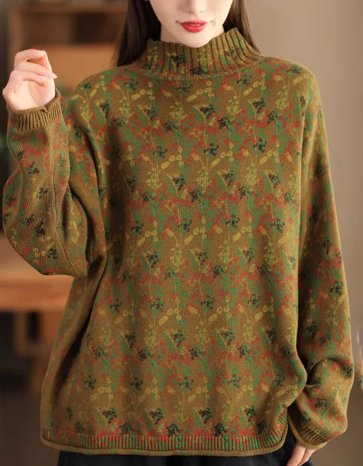 Casual Loose Floral Turtle Neck Knit Sweater - Islinen