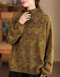 Casual Loose Floral Turtle Neck Knit Sweater - Islinen
