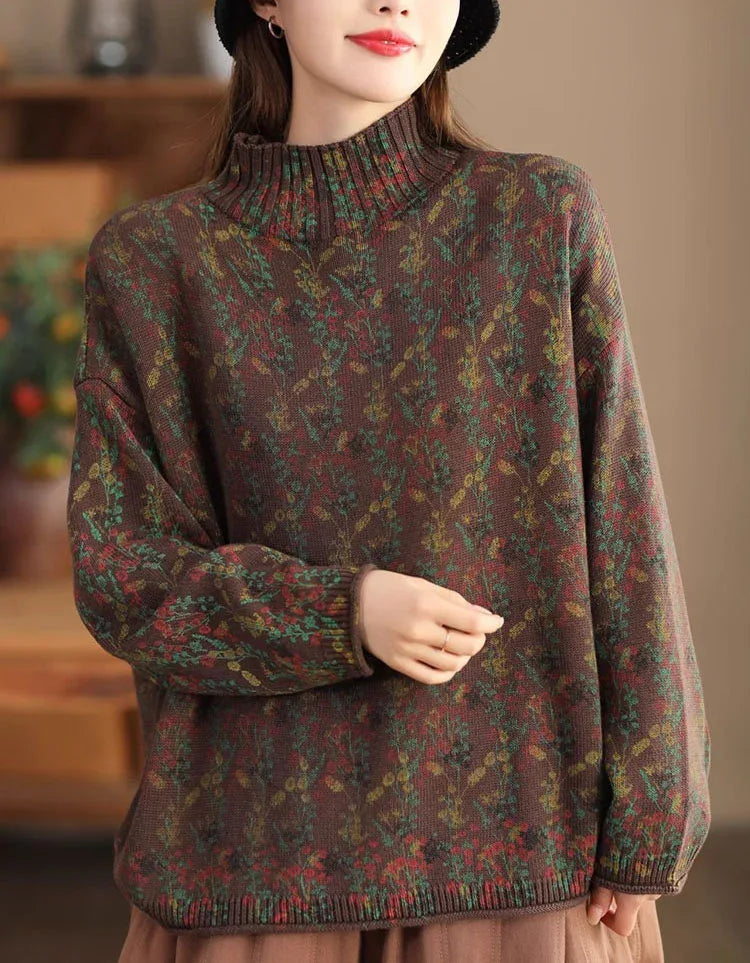 Casual Loose Floral Turtle Neck Knit Sweater - Islinen