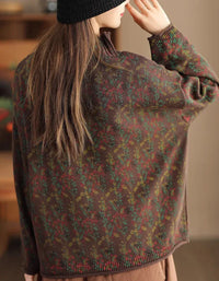 Casual Loose Floral Turtle Neck Knit Sweater - Islinen