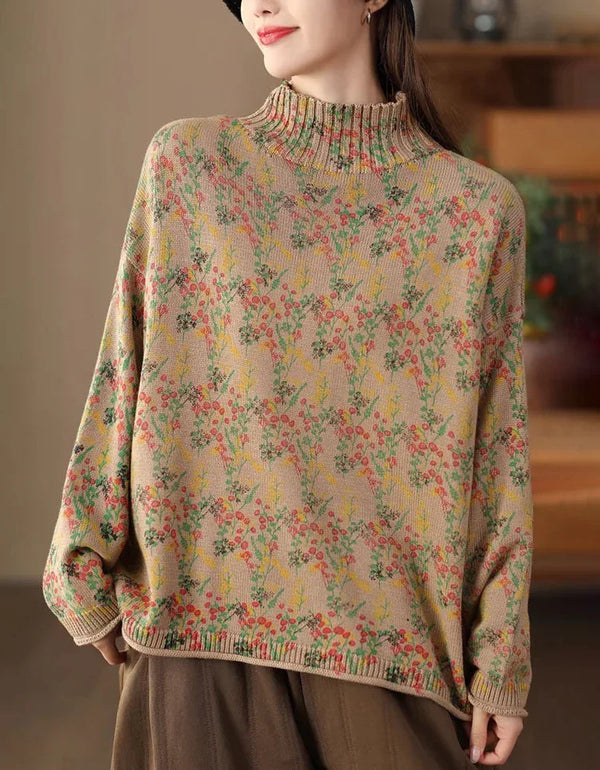 Casual Loose Floral Turtle Neck Knit Sweater - Islinen