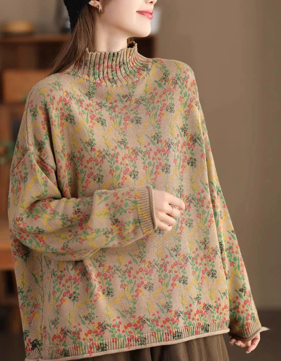 Casual Loose Floral Turtle Neck Knit Sweater - Islinen