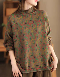 Casual Loose Floral Turtle Neck Knit Sweater - Islinen