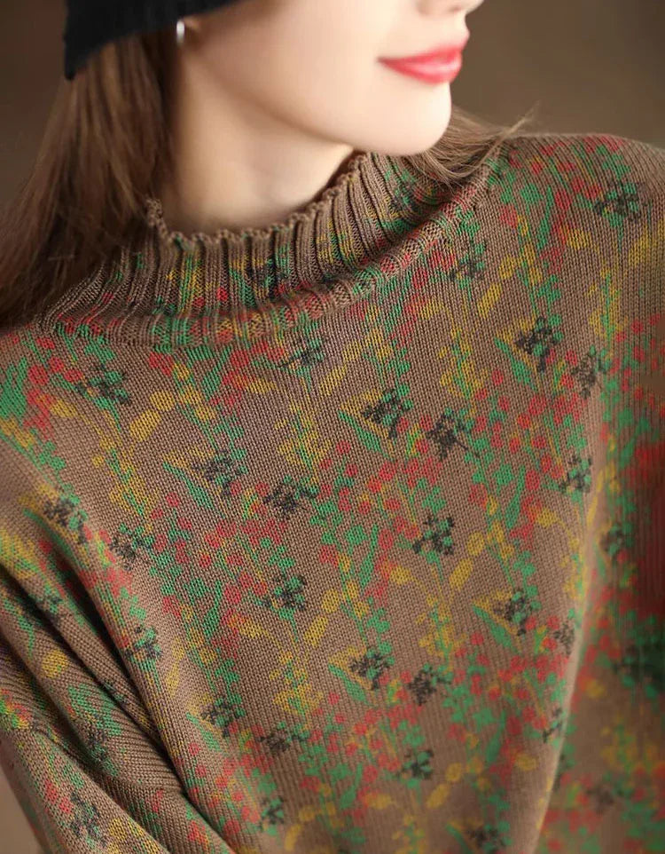 Casual Loose Floral Turtle Neck Knit Sweater - Islinen