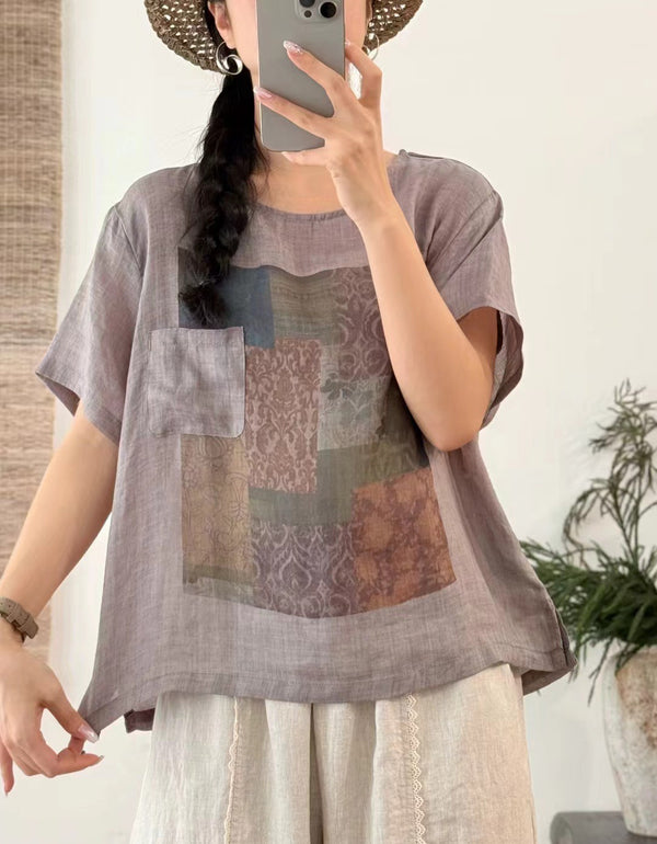 Casual Loose Patchwork Print Linen T-Shirt