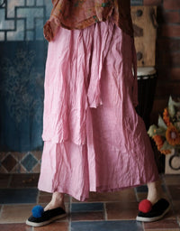 Women’s Linen Skirt Pants – Pink Layered Wide Leg Palazzo Pants Boho Style
