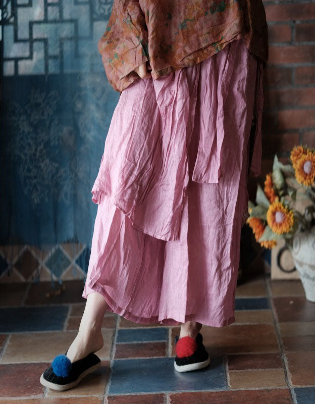 Women’s Boho Layered Linen Pants – Elastic Waist Flowy Maxi Skirt Style
