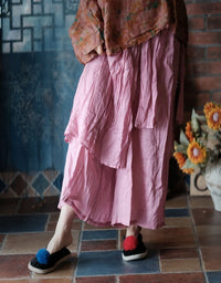 Women’s Boho Layered Linen Pants – Elastic Waist Flowy Maxi Skirt Style