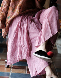 Women’s Pink Wide Leg Linen Pants – Vintage Boho Flowy Maxi Trousers