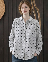 Women’s polka dot linen button up shirt front view