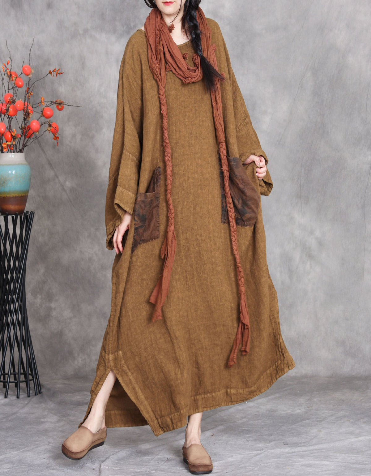 Relaxed Fit Brown Linen Maxi Dress for Wome