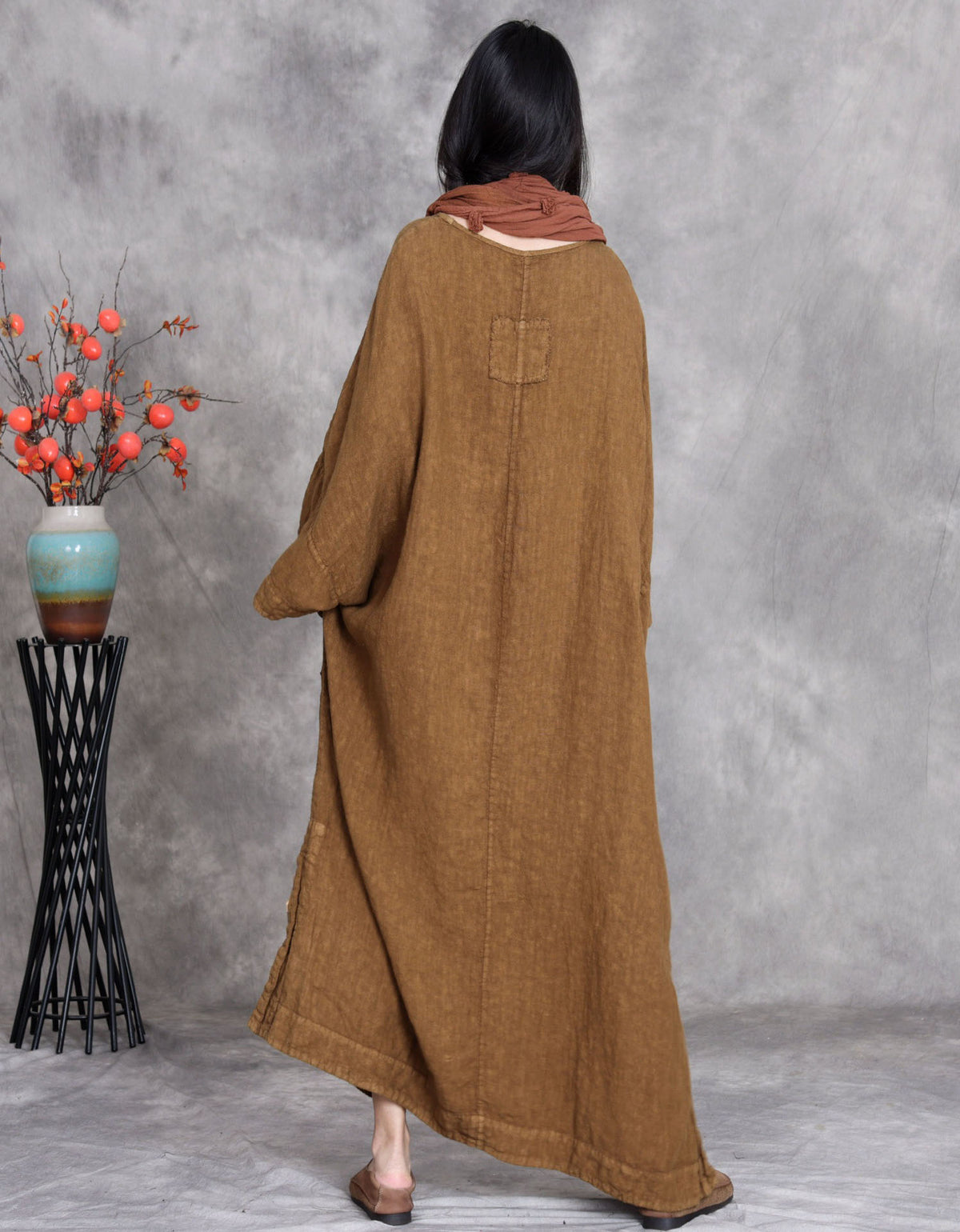 Women Boho Linen Long Dress Brown Oversized