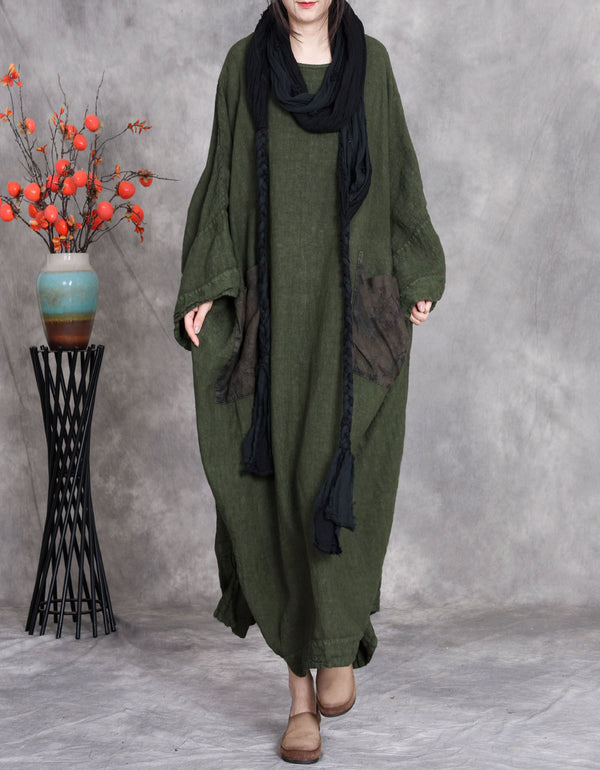 Women Green Linen Long Dress Casual Wear