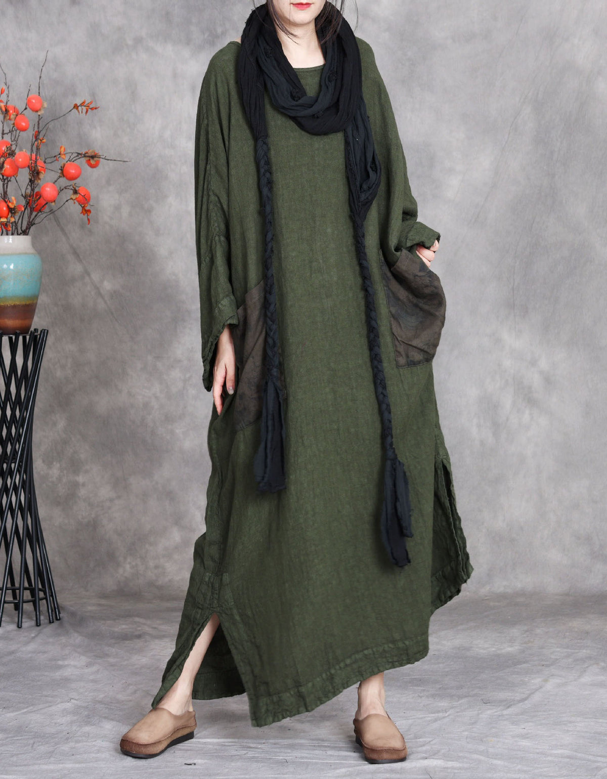 Oversized Green Linen Dress Women Long Sleeve