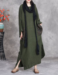 Oversized Green Linen Dress Women Long Sleeve