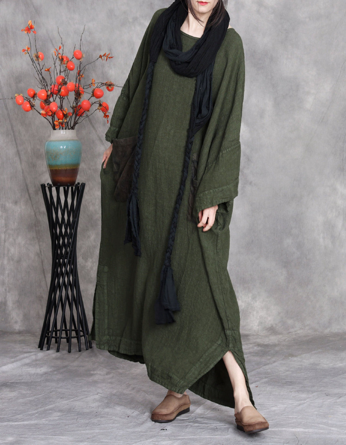 Green Linen Dress Women Casual Loose Summer Wear