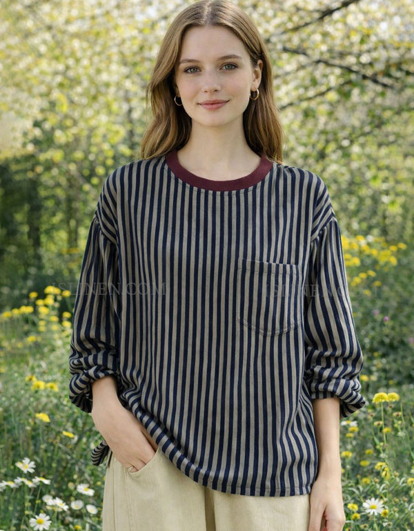 Casual striped blouse for women with burgundy trim