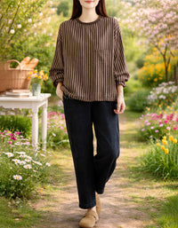 Burgundy trim striped long sleeve shirt for women