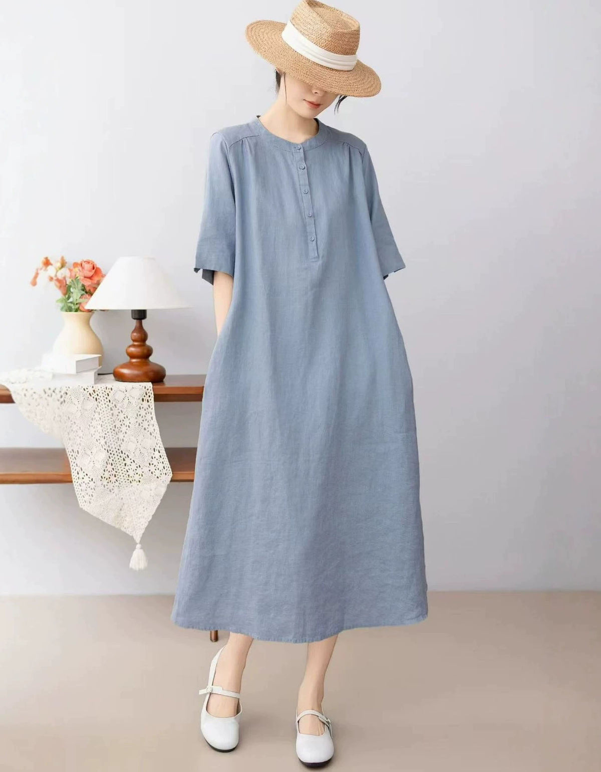 Casual Linen Button Front A-Line Midi Dress Women