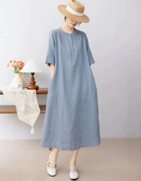 Casual Linen Button Front A-Line Midi Dress Women