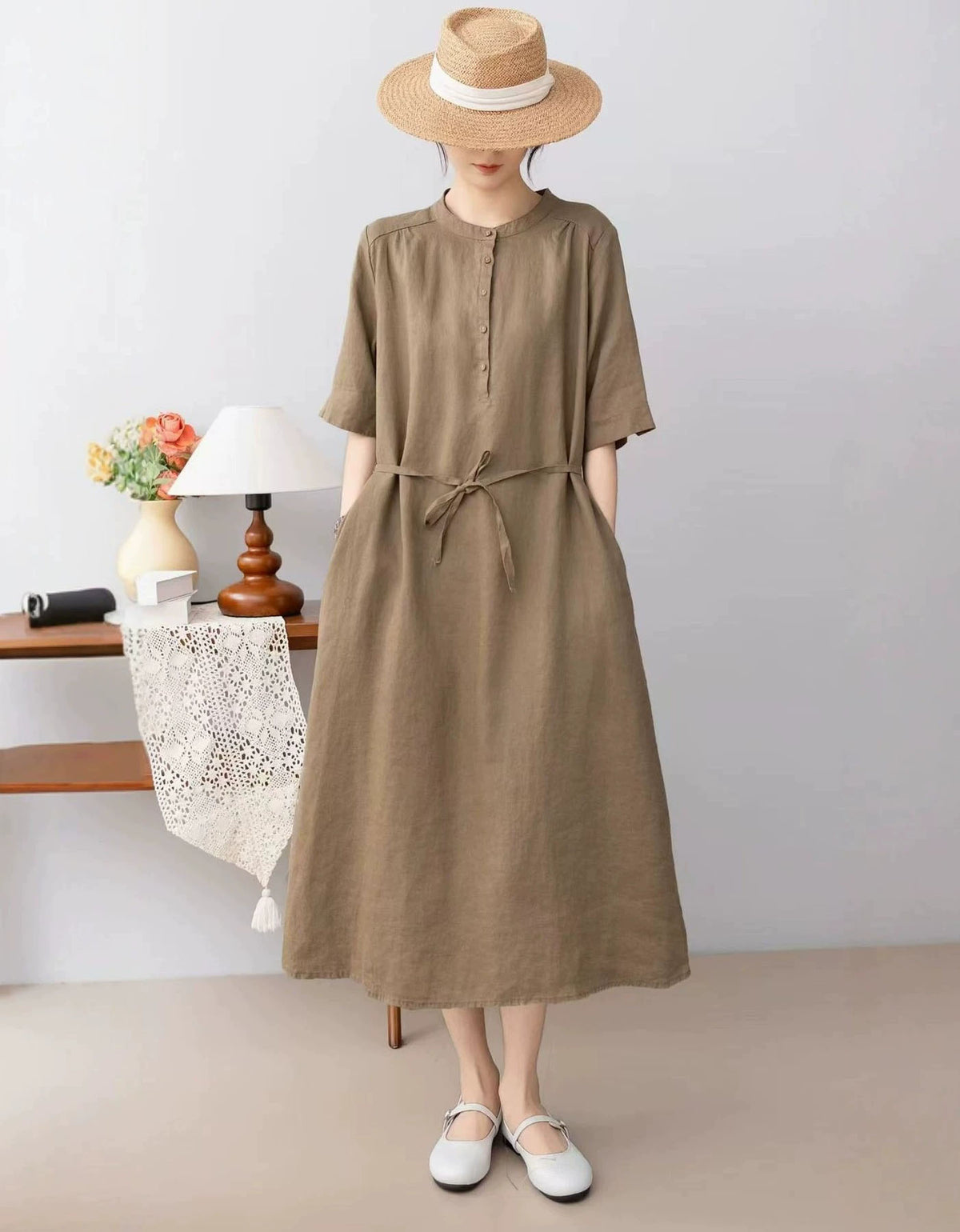 Relaxed Fit Linen Dress with Pockets for Women