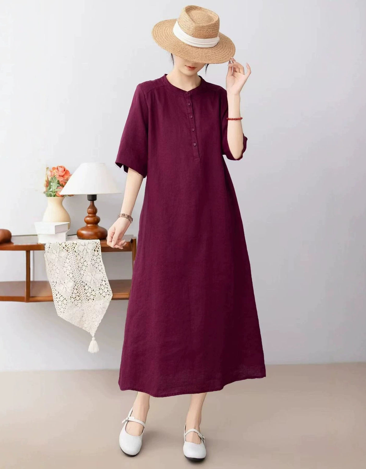 Loose Fit Linen Midi Dress with Waist Tie & Pockets