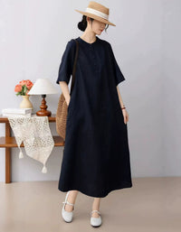 Minimalist Linen Midi Dress with Adjustable Waist