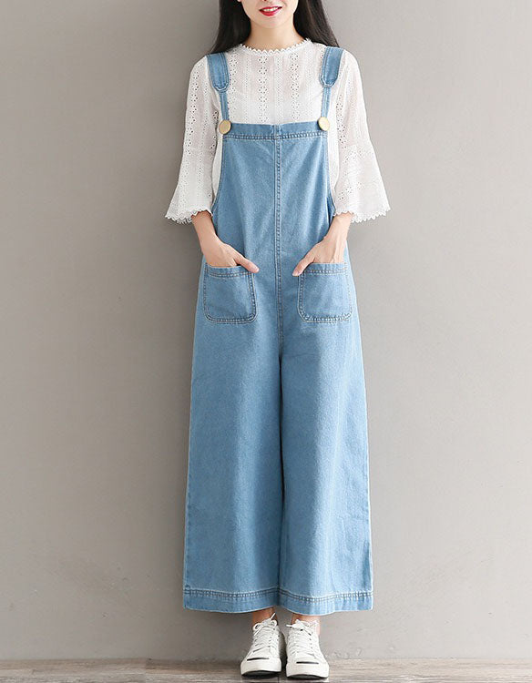 Front View of Casual Loose Wide Leg Denim Jumpsuit for Women