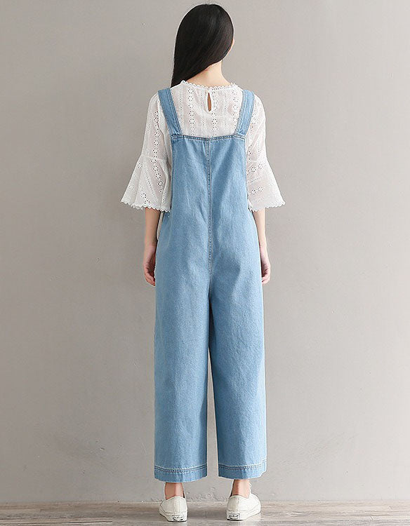 Back of Light Blue Relaxed Fit Wide Leg Denim Jumpsuit for Women