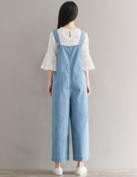 Back of Light Blue Relaxed Fit Wide Leg Denim Jumpsuit for Women