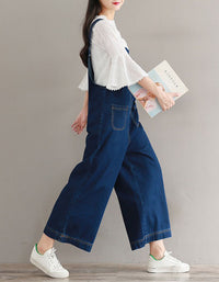 Side View of Dark Blue Oversized Wide Leg Denim Jumpsuit for Women