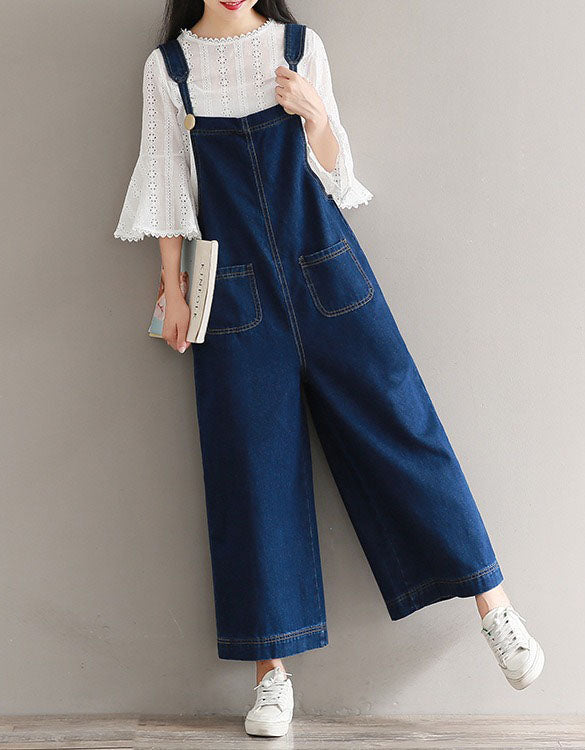 Side View of Dark Blue Casual Loose Wide Leg Denim Jumpsuit for Women