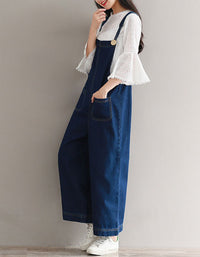 Side View of Dark Blue Relaxed Fit Wide Leg Denim Jumpsuit for Women