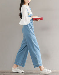 Side View of Blue Loose Wide Leg Denim Jumpsuit for Women